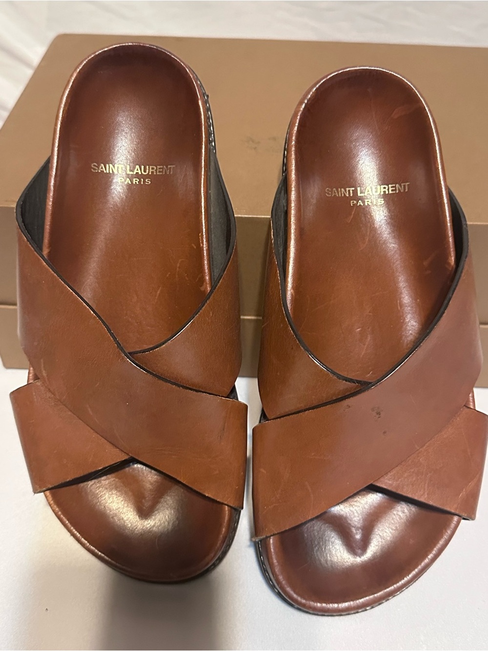 Saint Laurent Brown Leather Cross-Strap Slide Mules